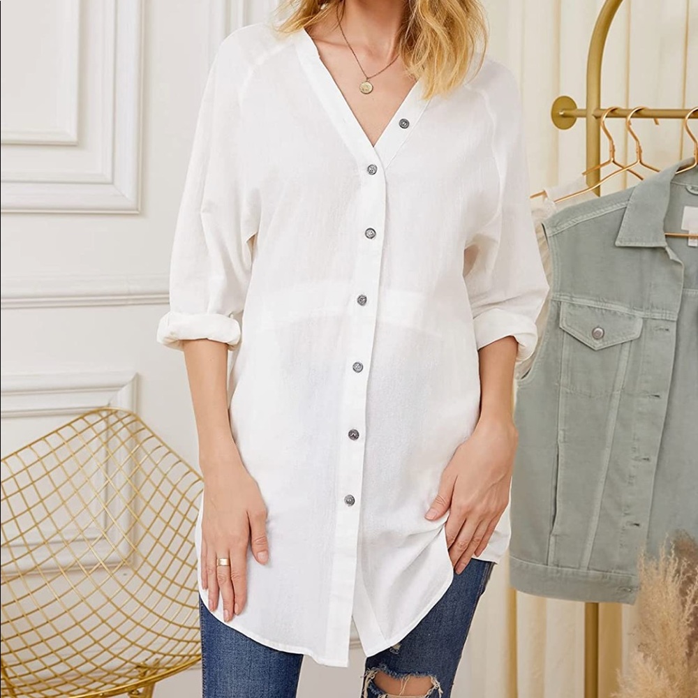 Auxo Women Long Sleeve V Neck Pocket Shirt Dress Tunic Top Casual Blouse